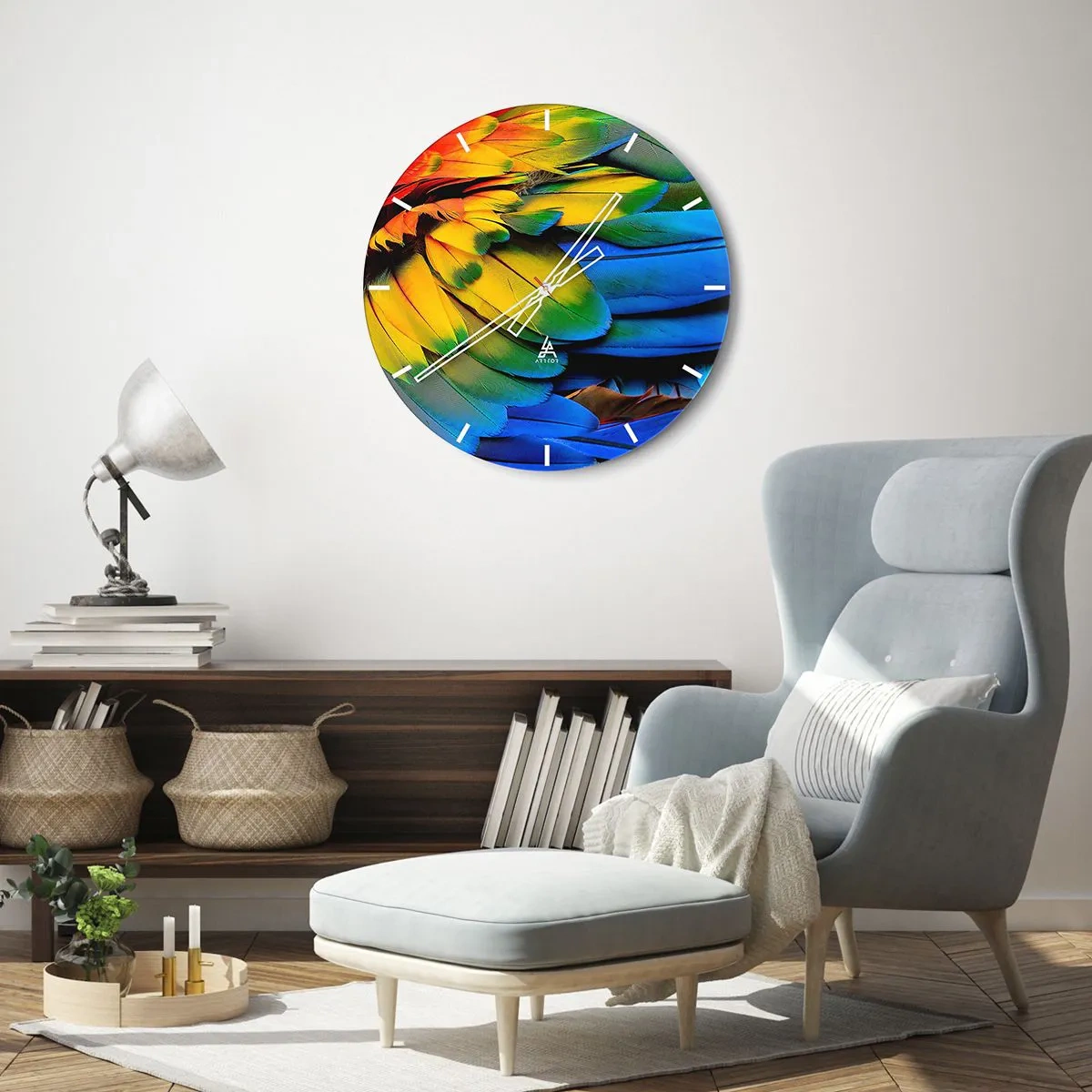 Wanduhr - Glasuhr - Die leuchtenden Federn eines tropischen Vogels - 30x30cm - Paradiesvogel - Moderne Wanddekoration für Wohnzimmer, Küche und Schlafzimmer ARTTOR
