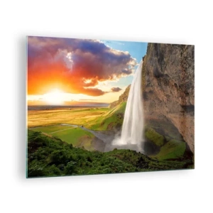 Glasbild - Bild auf glas - Isländischer Wasserfall in den Strahlen der untergehenden Sonne - 70x50cm - Die Fülle des isländischen Sommers - Moderne Wanddekoration für Wohnzimmer und Schlafzimmer ARTTOR