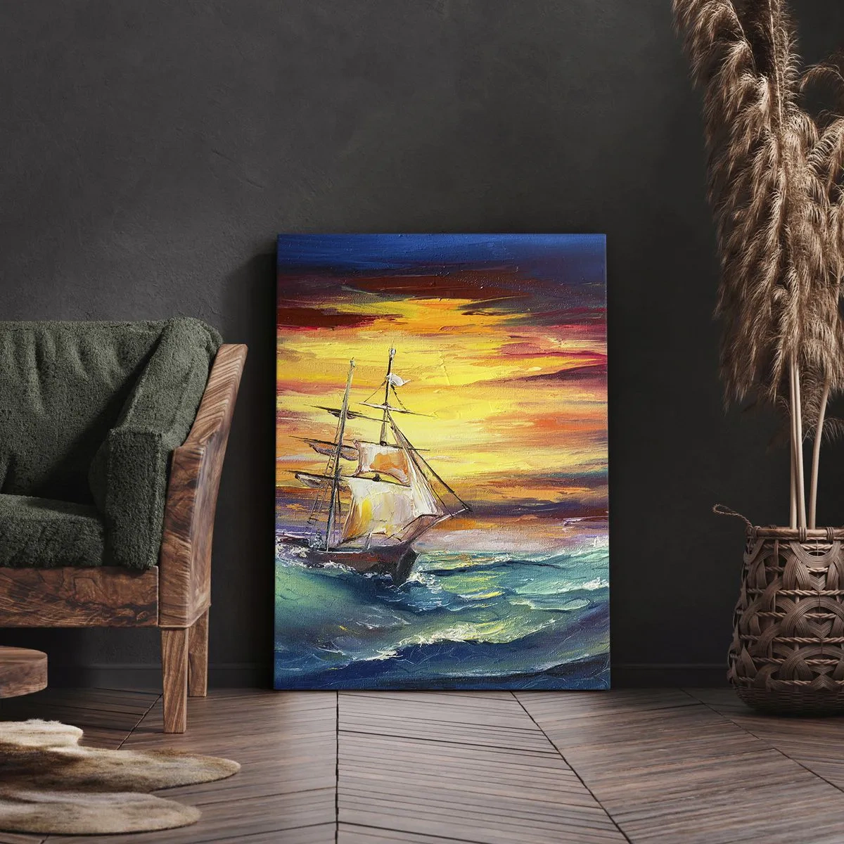 Bild auf Leinwand - Leinwandbild - Ein Segelschiff vor der Kulisse eines farbenfrohen Sonnenuntergangs - 80x120cm - Tapfer unter den Wellen - Moderne Wanddekoration für Wohnzimmer und Schlafzimmer ARTTOR