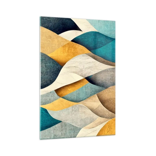 Glasbild - Bild auf glas - Abstrakte Wellen in Blau- und Goldtönen - 70x100cm - Rhythmus und Welle - Moderne Wanddekoration für Wohnzimmer und Schlafzimmer ARTTOR