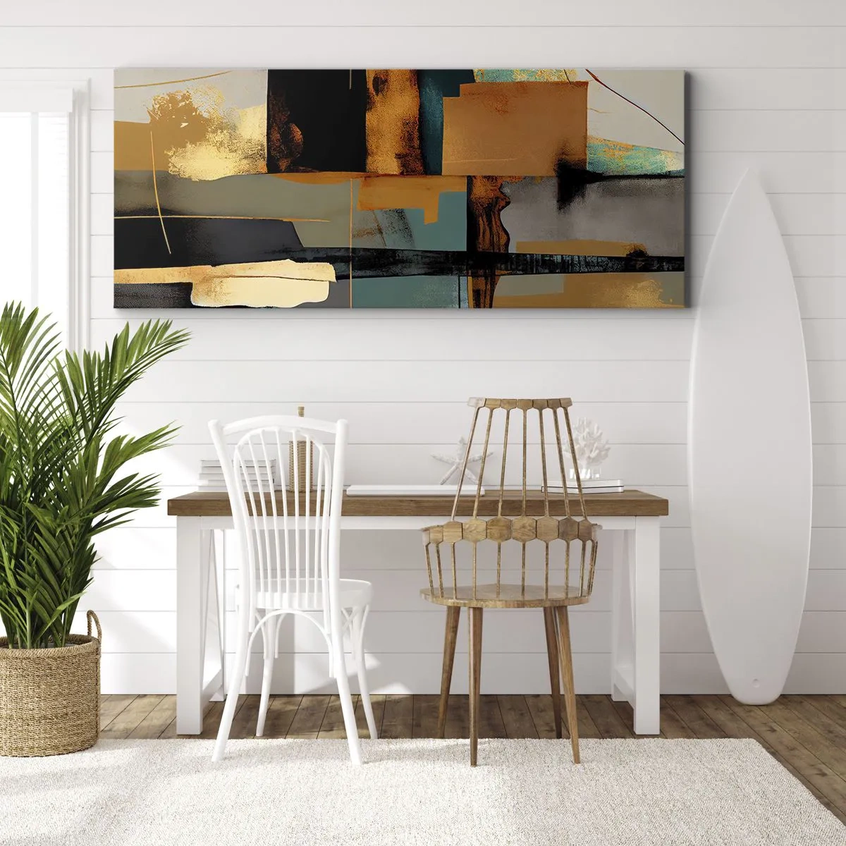 Bild auf Leinwand - Leinwandbild - Abstrakte Komposition mit goldenen und türkisfarbenen Elementen - 160x50cm - Abstraktion – Licht und Schatten - Moderne Wanddekoration für Wohnzimmer und Schlafzimmer ARTTOR