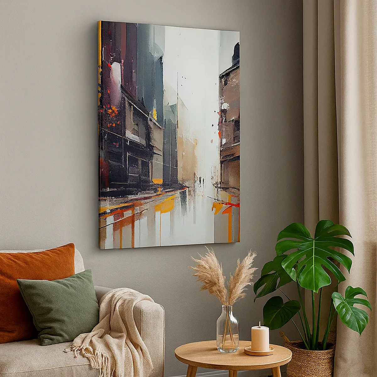 Bild auf Leinwand - Leinwandbild - Abstrakte Ansicht einer Stadtstraße im Regen - 50x70cm - Regnerischer Tag - Moderne Wanddekoration für Wohnzimmer und Schlafzimmer ARTTOR