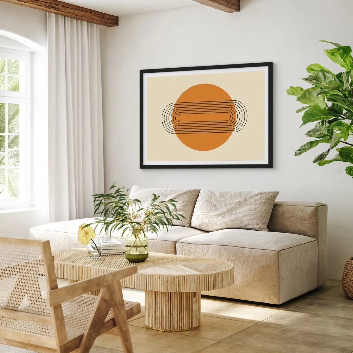 Poster in einem schwarzem Rahmen - Geometrisches Muster mit orangefarbenen Kreisen und Linien - 70x50cm - Perfekter Plan - Moderne Wanddekoration für Wohnzimmer und Schlafzimmer ARTTOR