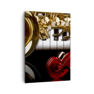 Bild auf Leinwand - Leinwandbild - Ein goldenes Saxophon, Klaviertasten und eine rote Geige - 50x70cm - Blech, Holz und Elfenbein - Moderne Wanddekoration für Wohnzimmer und Schlafzimmer ARTTOR