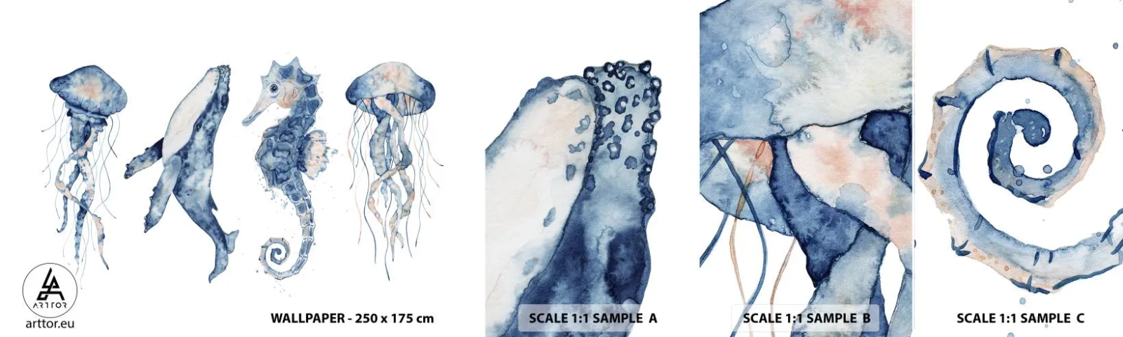 Fototapetenmuster Standard Eco - Meereswunder - Meerestiere, Seepferdchen, Qualle - 100x30 cm