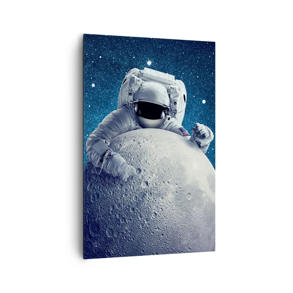 Bild auf Leinwand - Leinwandbild - Astronaut hält den Mond vor einem Sternenhimmel - 80x120cm - Weltraumjoker - Moderne Wanddekoration für Wohnzimmer und Schlafzimmer ARTTOR