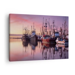 Bild auf Leinwand - Leinwandbild - Fischerboote im Hafen bei Sonnenuntergang - 70x50cm - Vor dem nächsten Tag - Moderne Wanddekoration für Wohnzimmer und Schlafzimmer ARTTOR