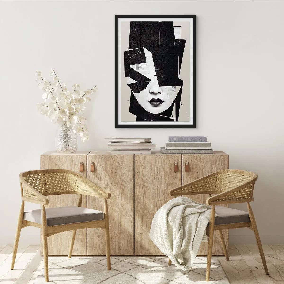 Poster in einem schwarzem Rahmen - Abstraktes Porträt einer Frau in Schwarzweiß - 50x70cm - Tief verborgen - Moderne Wanddekoration für Wohnzimmer und Schlafzimmer ARTTOR