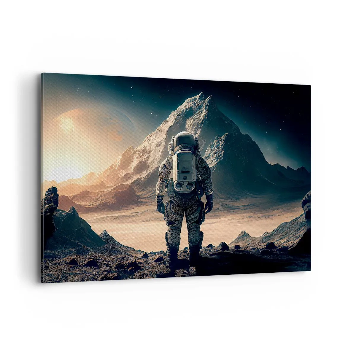 Bild auf Leinwand - Leinwandbild - Astronaut vor der Kulisse majestätischer Berge - 100x70cm - Neue Herausforderung - Moderne Wanddekoration für Wohnzimmer und Schlafzimmer ARTTOR