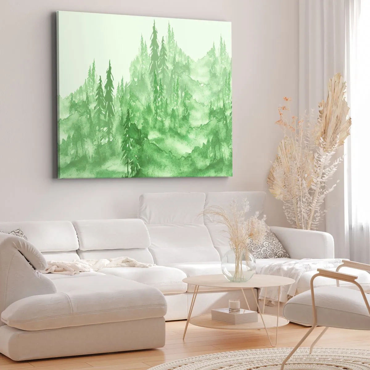 Bild auf Leinwand - Leinwandbild - Grüner Wald im Aquarellstil auf hellem Hintergrund - 100x70cm - Verschwommen mit grünem Nebel - Moderne Wanddekoration für Wohnzimmer und Schlafzimmer ARTTOR