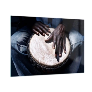 Glasbild - Bild auf glas - Nahaufnahme von Händen, die eine Djembe-Trommel spielen - 100x70cm - Lebe in deinem eigenen Rhythmus - Moderne Wanddekoration für Wohnzimmer und Schlafzimmer ARTTOR