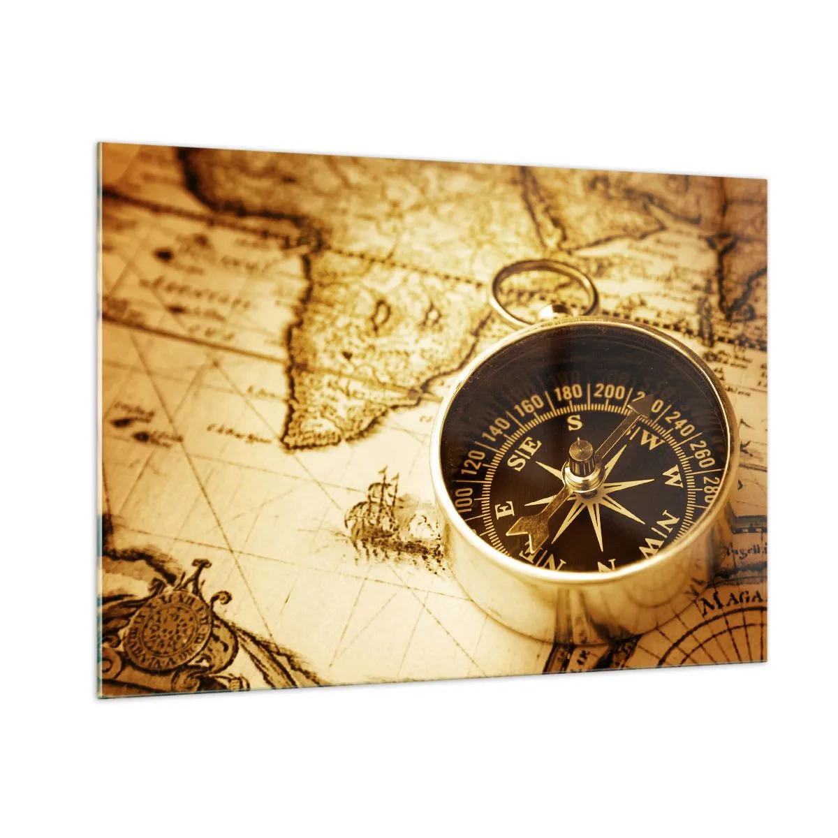Glasbild - Bild auf glas - Ein goldener Kompass auf einem alten Kartenhintergrund - 100x70cm - Ost oder West? - Moderne Wanddekoration für Wohnzimmer und Schlafzimmer ARTTOR