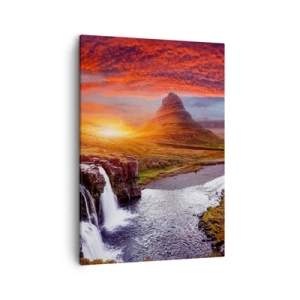 Bild auf Leinwand - Leinwandbild - Berglandschaft mit Wasserfall bei Sonnenuntergang - 50x70cm - Ein Blick auf Mittelerde - Moderne Wanddekoration für Wohnzimmer und Schlafzimmer ARTTOR