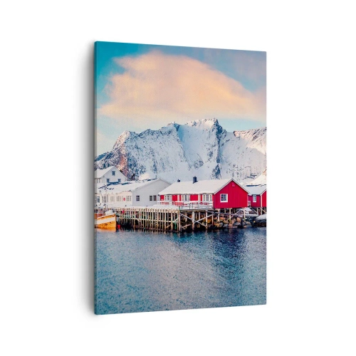 Bild auf Leinwand - Leinwandbild - Rote Häuser vor dem Hintergrund schneebedeckter Berge und des blauen Meeres - 50x70cm - Nördlicher Rückzug - Moderne Wanddekoration für Wohnzimmer und Schlafzimmer ARTTOR