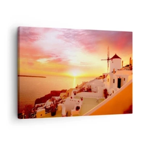 Bild auf Leinwand - Leinwandbild - Santorini bei Sonnenuntergang mit einer Windmühle - 70x50cm - In Weiß und Gold schmelzen - Moderne Wanddekoration für Wohnzimmer und Schlafzimmer ARTTOR