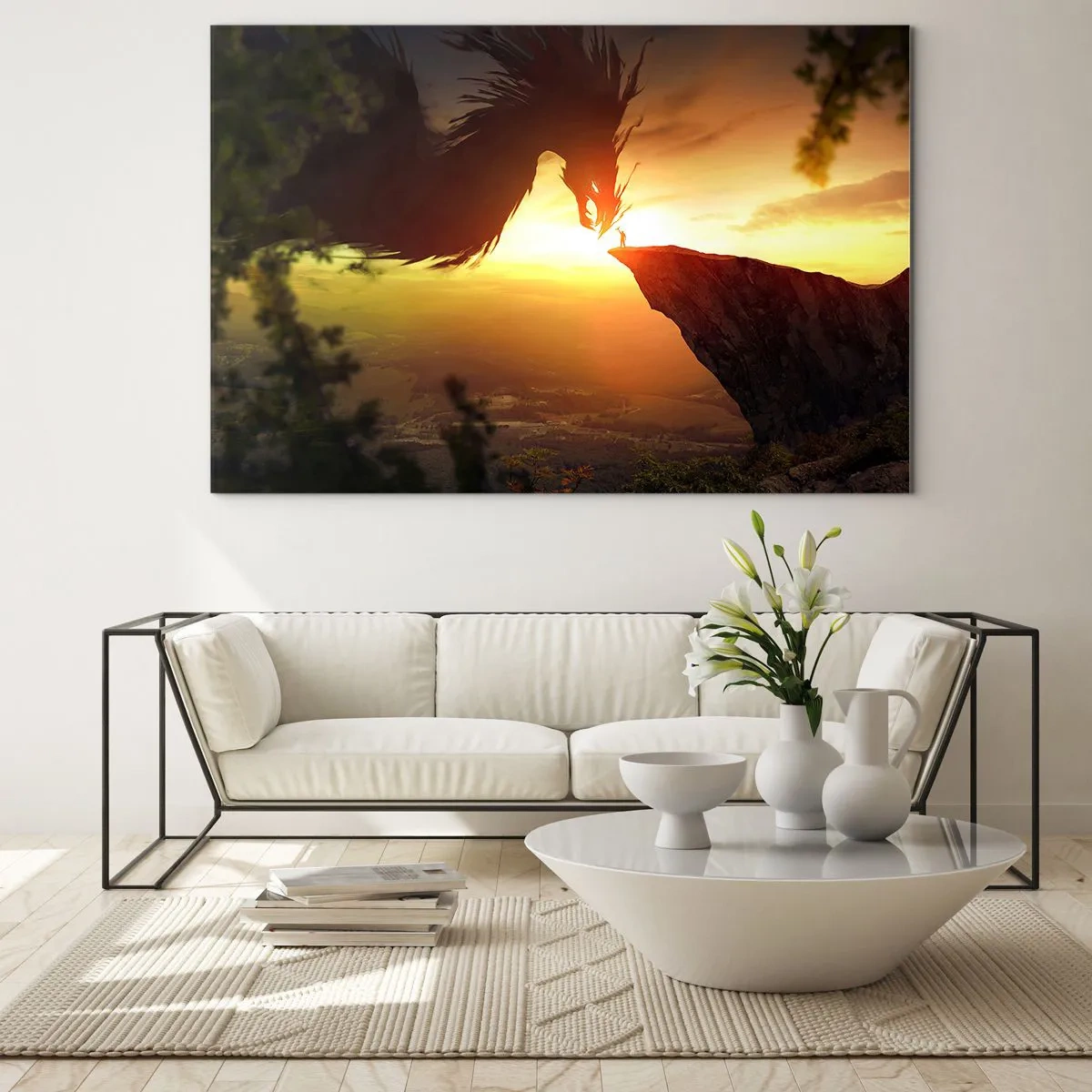 Glasbild - Bild auf glas - Ein Drache im Schein der untergehenden Sonne über einer Klippe - 70x50cm - Drachentöter - Moderne Wanddekoration für Wohnzimmer und Schlafzimmer ARTTOR