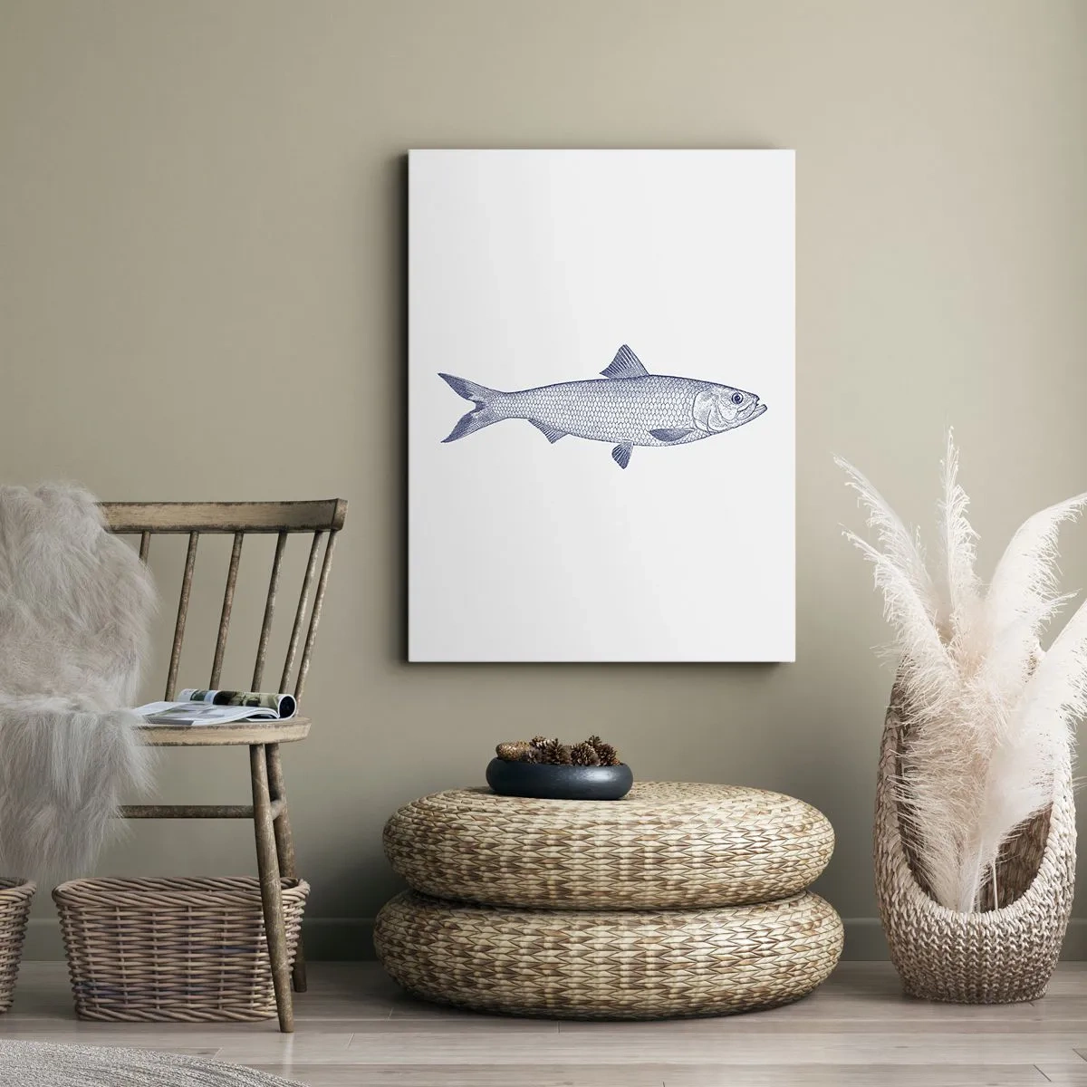 Bild auf Leinwand - Leinwandbild - Illustration eines Fisches in Blautönen auf hellem Hintergrund - 50x70cm - Grüße aus den nördlichen Meeren - Moderne Wanddekoration für Wohnzimmer und Schlafzimmer ARTTOR