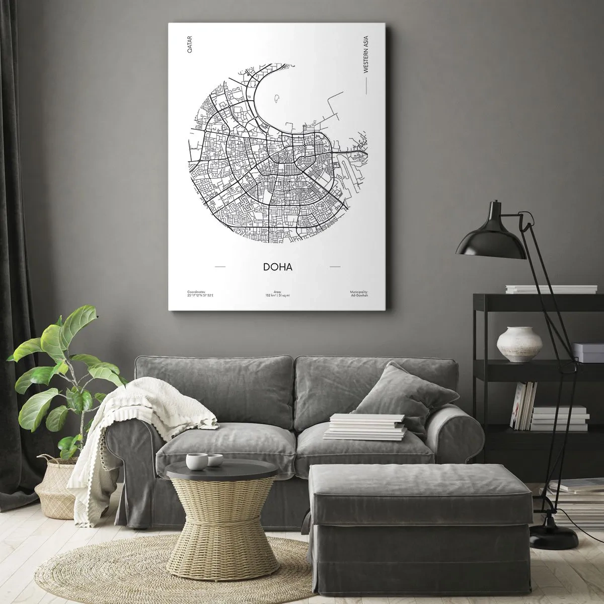 Bild auf Leinwand - Leinwandbild - Eine minimalistische Karte von Doha in Schwarzweiß mit präzisen Details. - 50x70cm - Anatomie von Doha - Moderne Wanddekoration für Wohnzimmer und Schlafzimmer ARTTOR