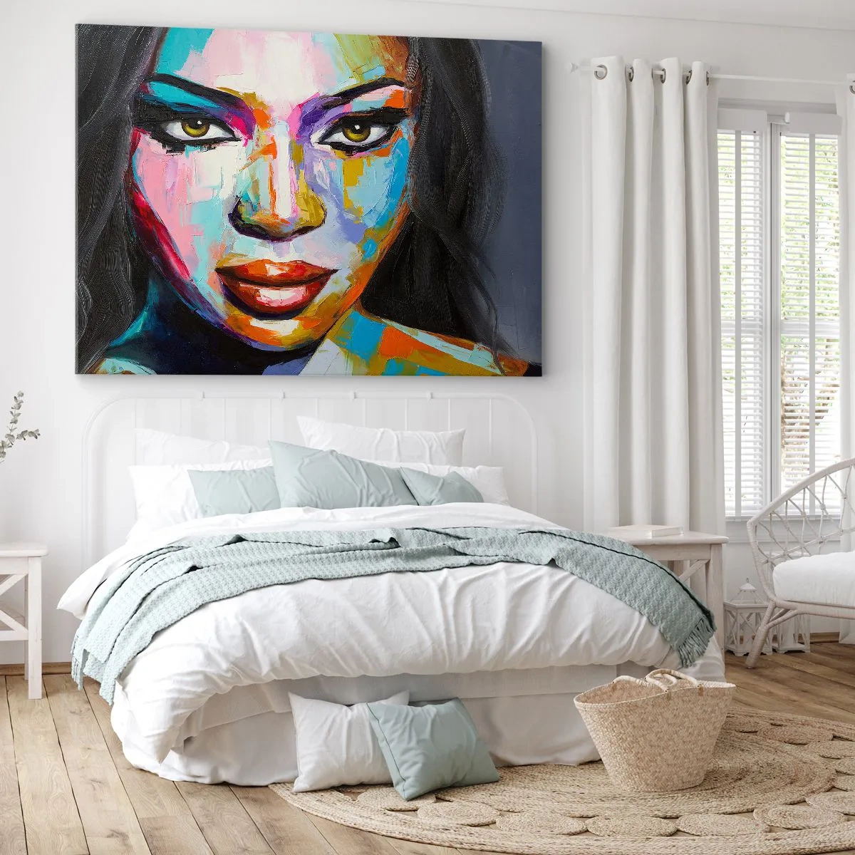Bild auf Leinwand - Leinwandbild - Ein farbenfrohes Porträt einer Frau mit intensivem Blick - 70x50cm - Es ist unmöglich die Augen abzuwenden - Moderne Wanddekoration für Wohnzimmer und Schlafzimmer ARTTOR