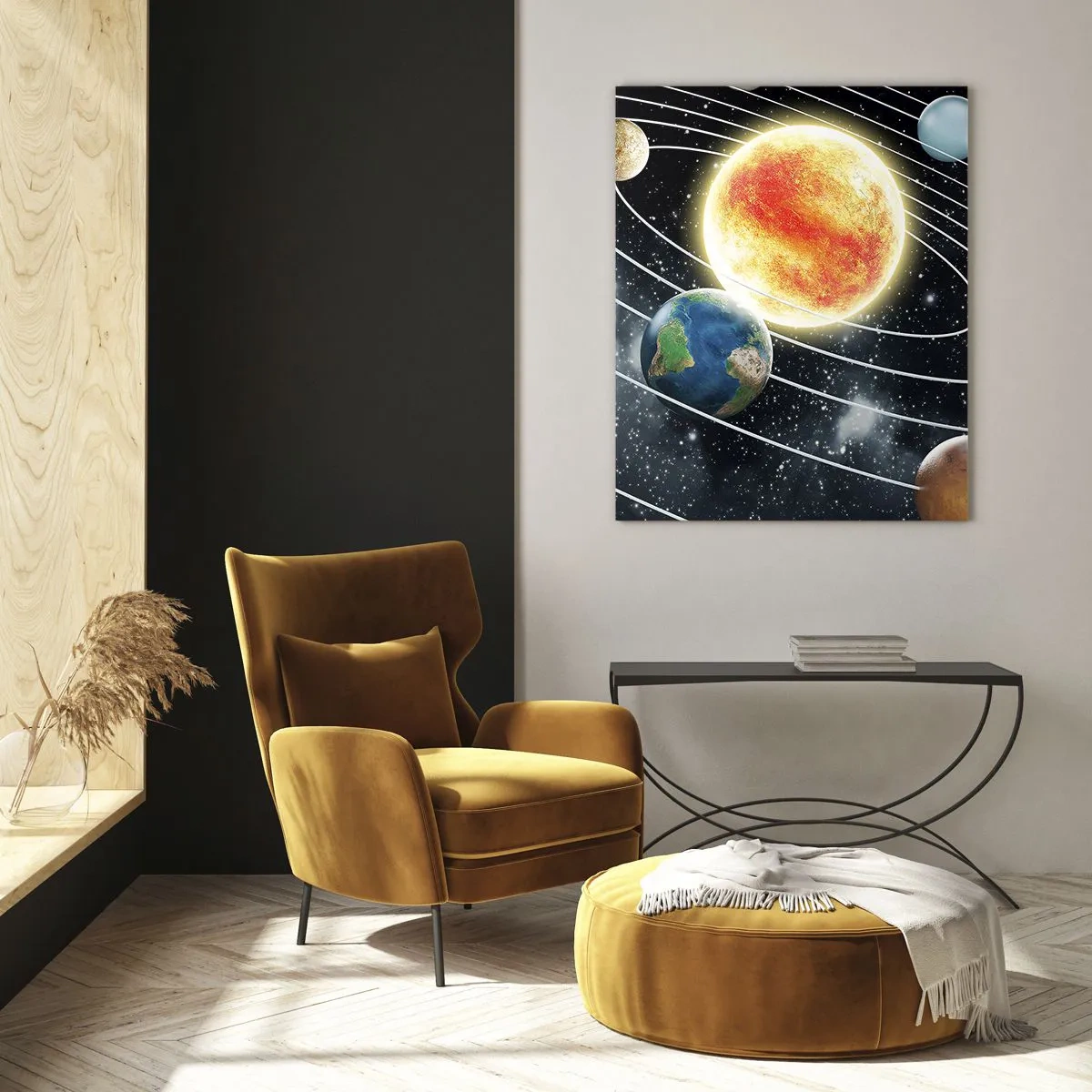 Glasbild - Bild auf glas - Sonnensystem mit Planeten und Sonne im Weltraum - 70x100cm - Kosmischer Tanz - Moderne Wanddekoration für Wohnzimmer und Schlafzimmer ARTTOR