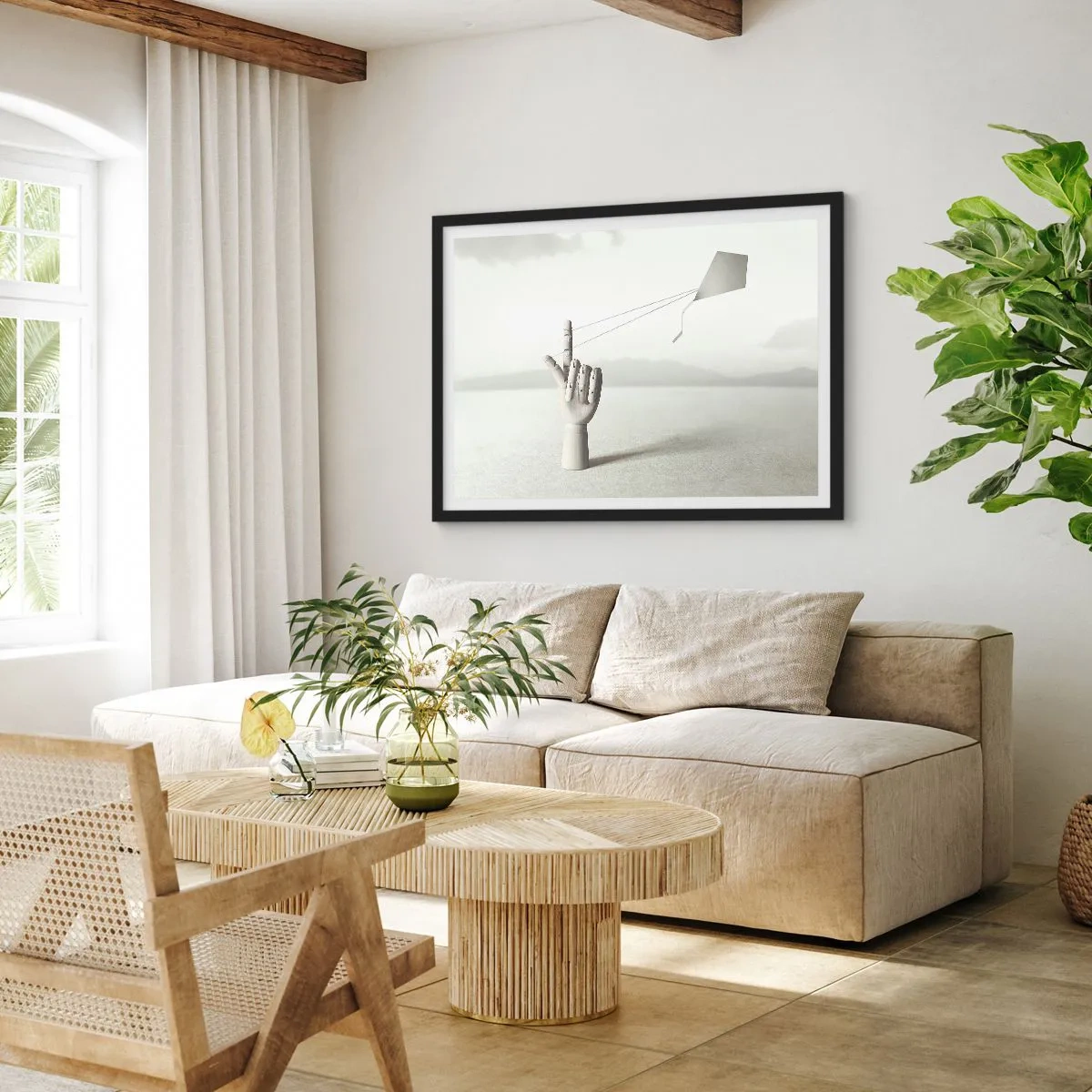 Poster in einem schwarzem Rahmen - Eine minimalistische Holzhand mit einem Drachen vor einem Landschaftshintergrund. - 70x50cm - Kraftprobe - Moderne Wanddekoration für Wohnzimmer und Schlafzimmer ARTTOR