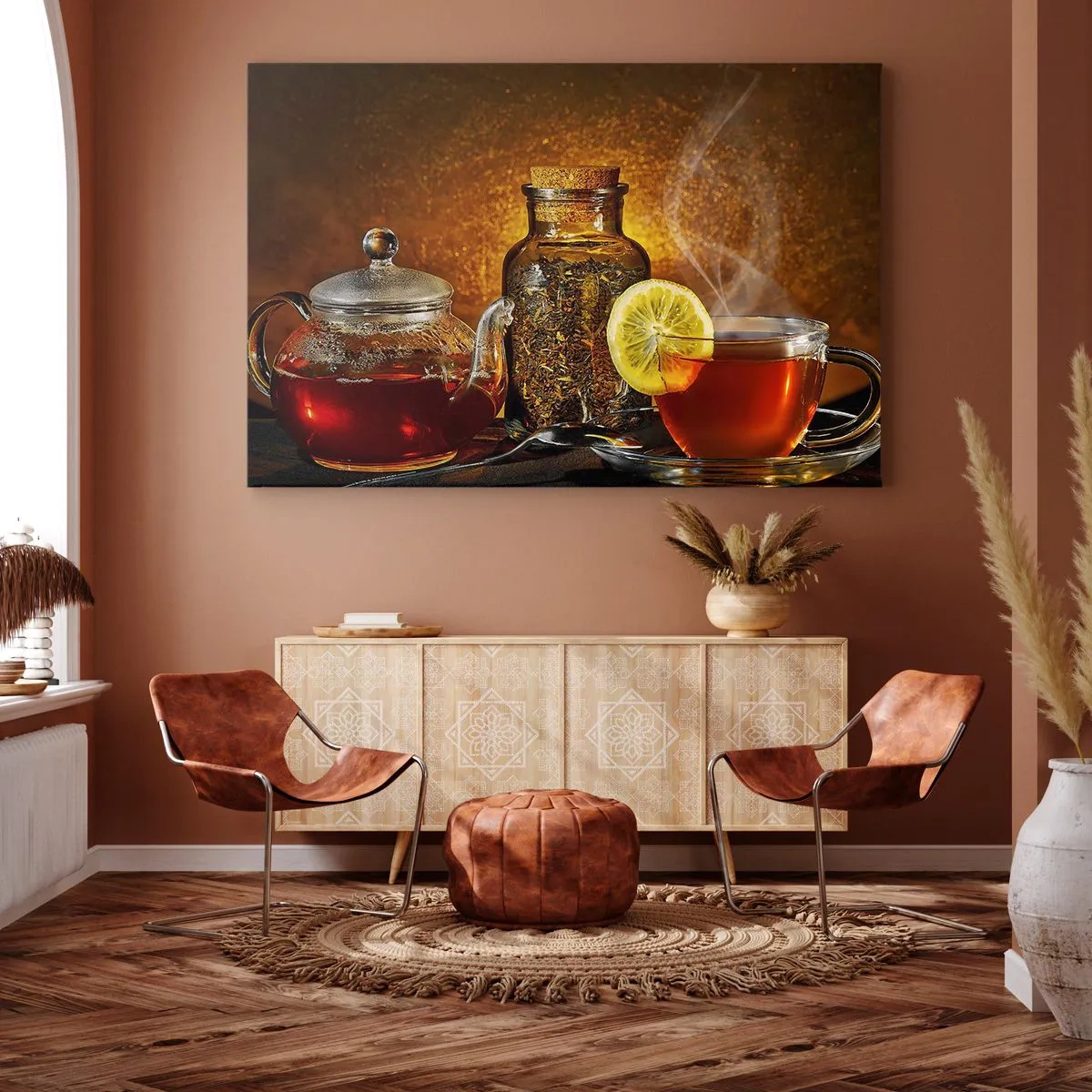 Bild auf Leinwand - Leinwandbild - Tee in einer Glaskanne mit Zitrone und losem Tee - 120x80cm - Im Stil der niederländischen Meister - Moderne Wanddekoration für Wohnzimmer und Schlafzimmer ARTTOR