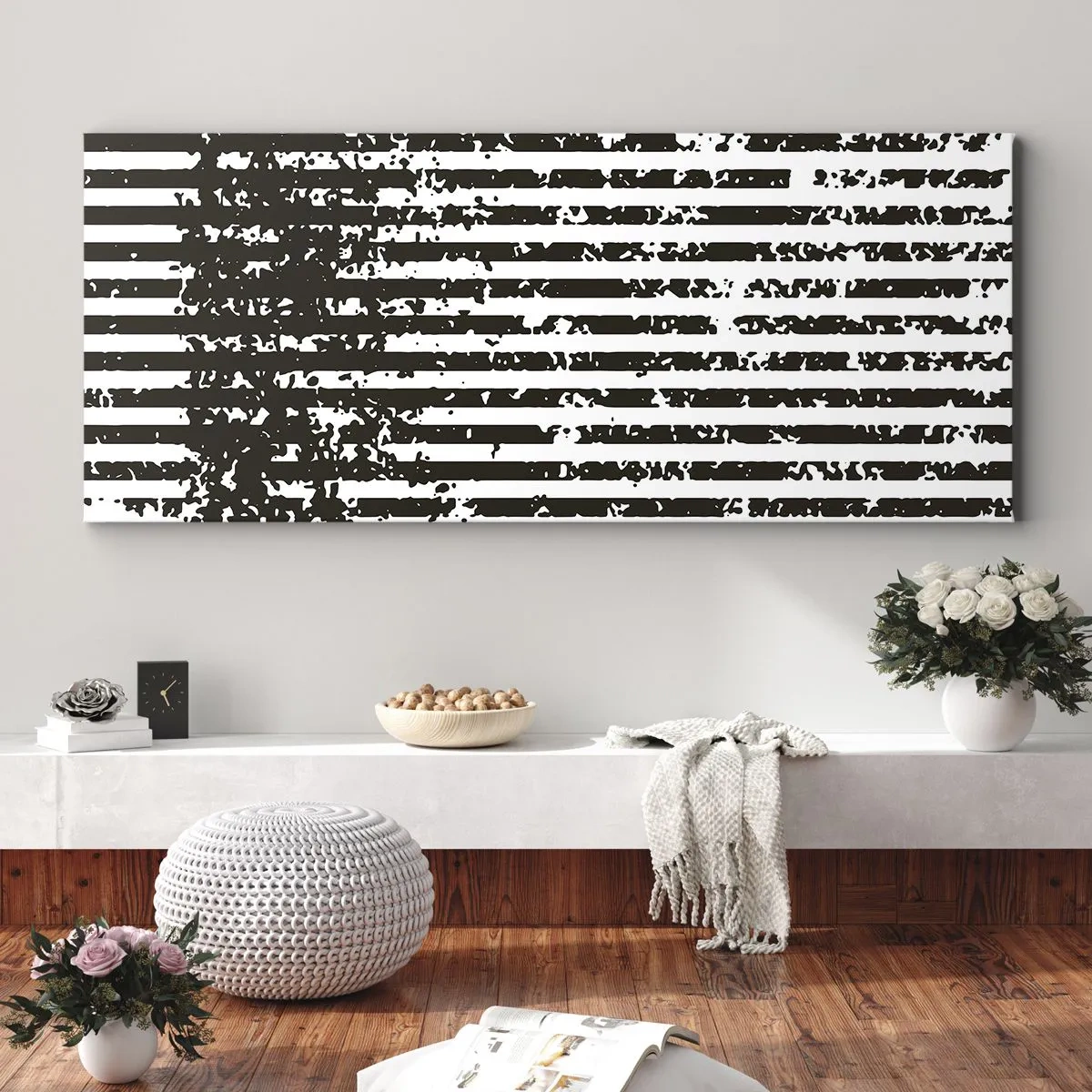 Bild auf Leinwand - Leinwandbild - Abstrakte Linien mit Distressed-Effekt in Schwarz und Weiß - 120x50cm - Rhythmus und Rauschen - Moderne Wanddekoration für Wohnzimmer und Schlafzimmer ARTTOR