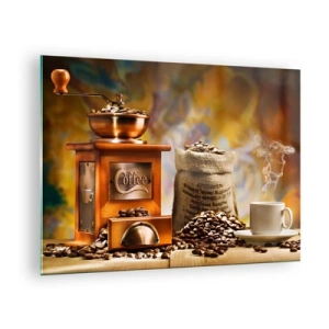 Glasbild - Bild auf glas - Kaffeemühle, Bohnen und eine Tasse auf einem Holztisch - 70x50cm - Das Knirschen der Körner, das Rasseln einer Mühle - Moderne Wanddekoration für Wohnzimmer und Schlafzimmer ARTTOR