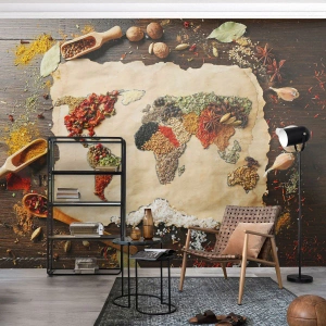 Fototapete Premium Sand - Eine Weltkarte aus Gewürzen auf einem Holztisch - 100x70cm - Alle Aromen der Welt - Moderne Wanddekoration für Wohnzimmer und Schlafzimmer ARTTOR