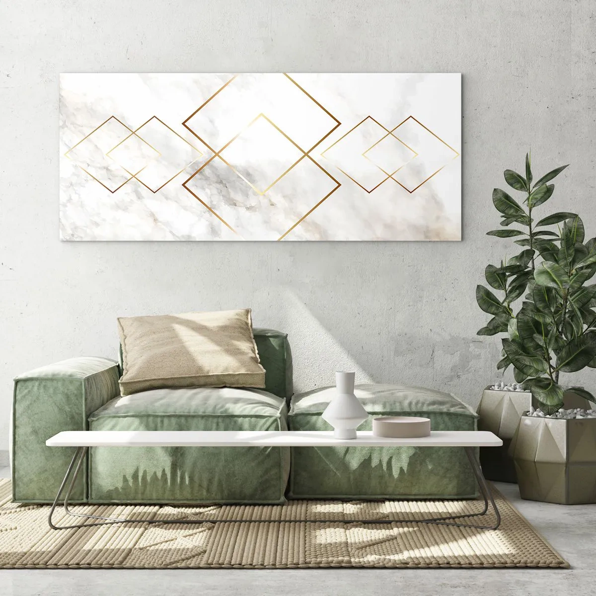 Glasbild - Bild auf glas - Minimalistische goldene Rauten auf Marmorhintergrund - 160x50cm - Ein Blick in die Unendlichkeit - Moderne Wanddekoration für Wohnzimmer und Schlafzimmer ARTTOR