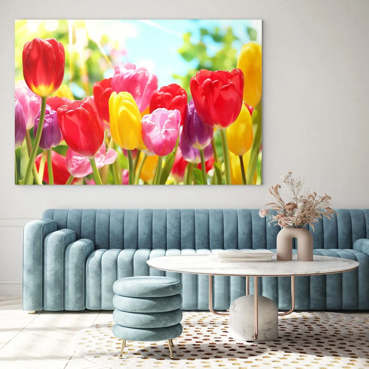 Glasbild - Bild auf glas - Bunte Tulpen im Licht der Frühlingssonne - 120x80cm - Wir sind es, die Farben des Mais! - Moderne Wanddekoration für Wohnzimmer und Schlafzimmer ARTTOR