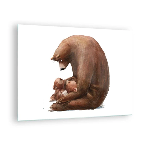 Glasbild - Bild auf glas - Eine Bärenmutter umarmt zwei kleine Bärenjungen - 70x50cm - Süße Träume, Kinder - Moderne Wanddekoration für Wohnzimmer und Schlafzimmer ARTTOR