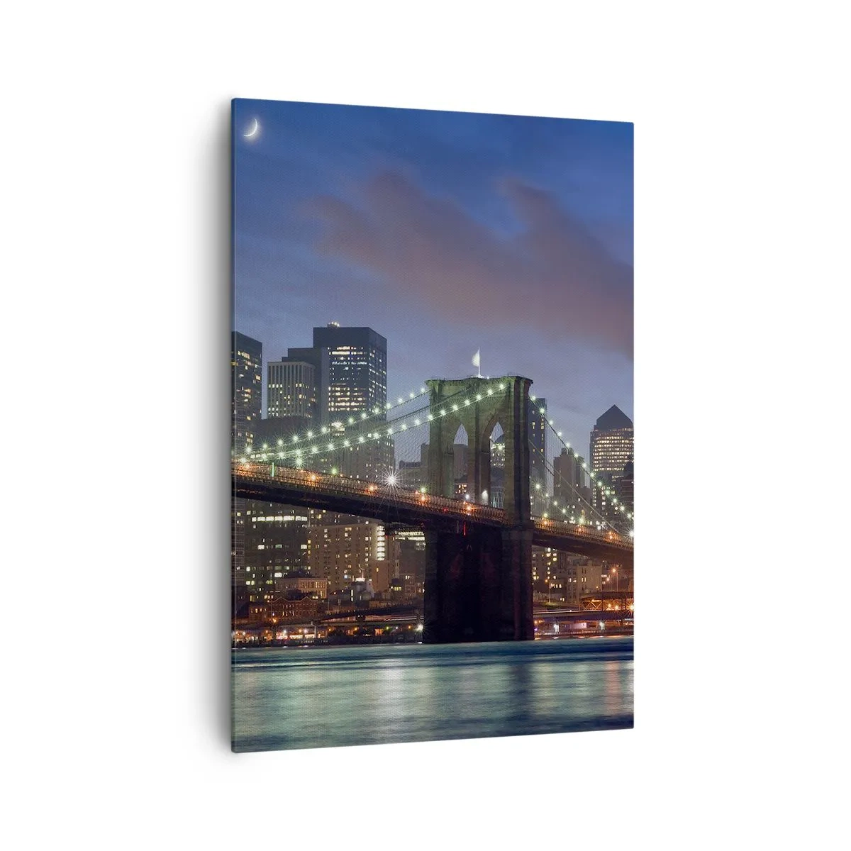 Bild auf Leinwand - Leinwandbild - New York City Bridge bei Nacht mit beleuchteten Gebäuden - 70x100cm - Leuchtende Nacht - Moderne Wanddekoration für Wohnzimmer und Schlafzimmer ARTTOR