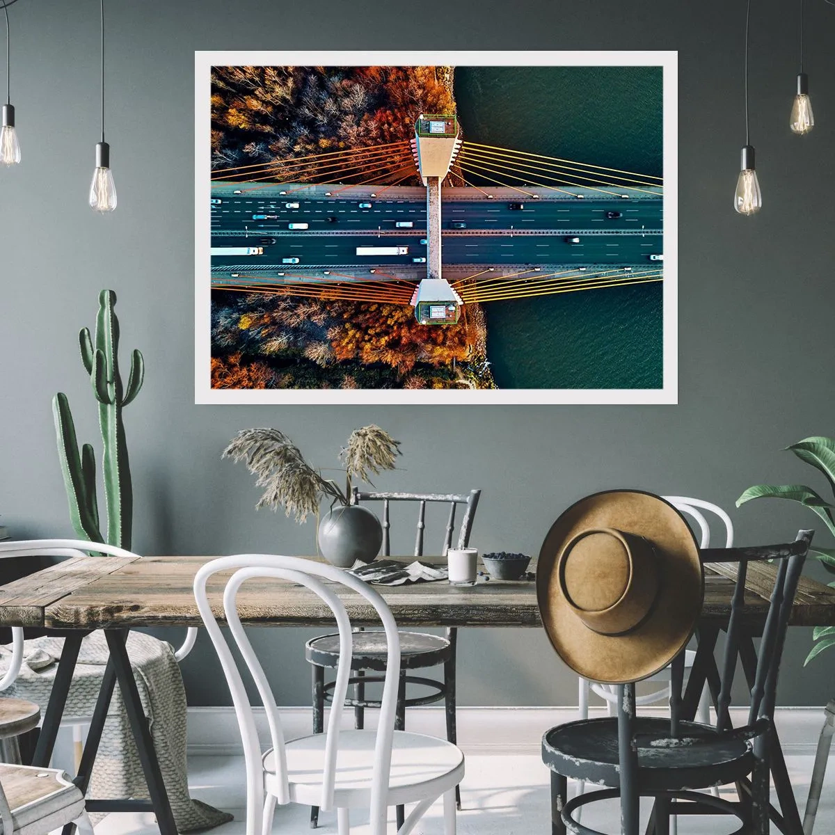 Poster - Luftaufnahme der Brücke über den Fluss und der Herbstlandschaft - 100x70cm - Jenseits der Gewässer, jenseits der Wälder - Moderne Wanddekoration für Wohnzimmer und Schlafzimmer ARTTOR