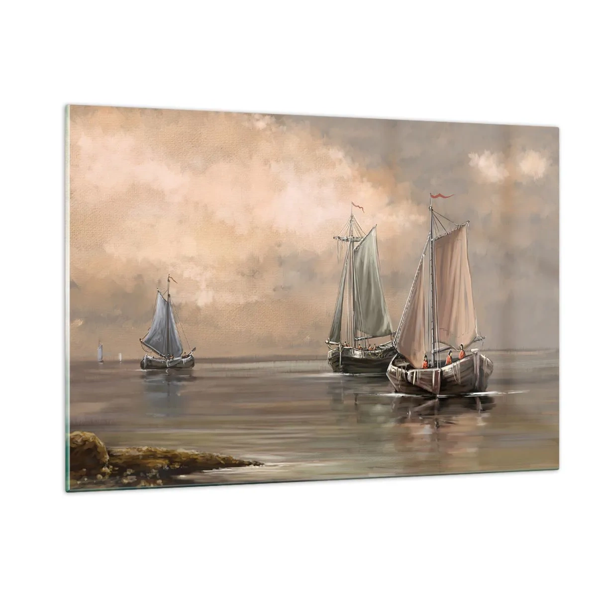 Glasbild - Bild auf glas - Drei Segelboote auf ruhiger See in Pastellfarben - 120x80cm - Die Rückkehr der Matrosen - Moderne Wanddekoration für Wohnzimmer und Schlafzimmer ARTTOR