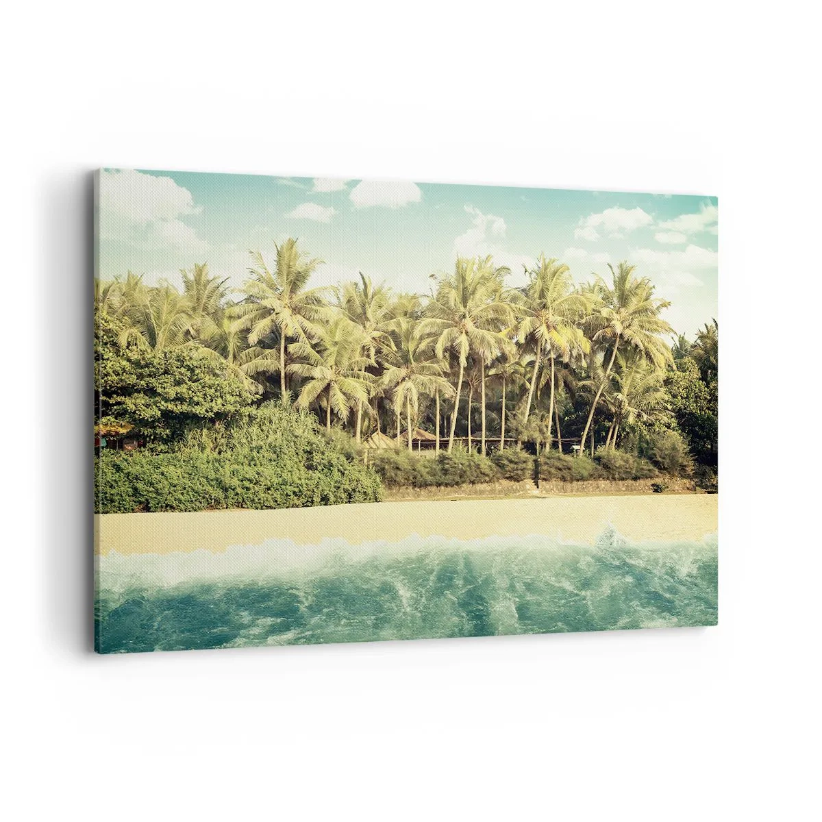 Bild auf Leinwand - Leinwandbild - Tropischer Strand mit Palmen und türkisfarbenem Meer - 120x80cm - Wie wäre es hier? - Moderne Wanddekoration für Wohnzimmer und Schlafzimmer ARTTOR