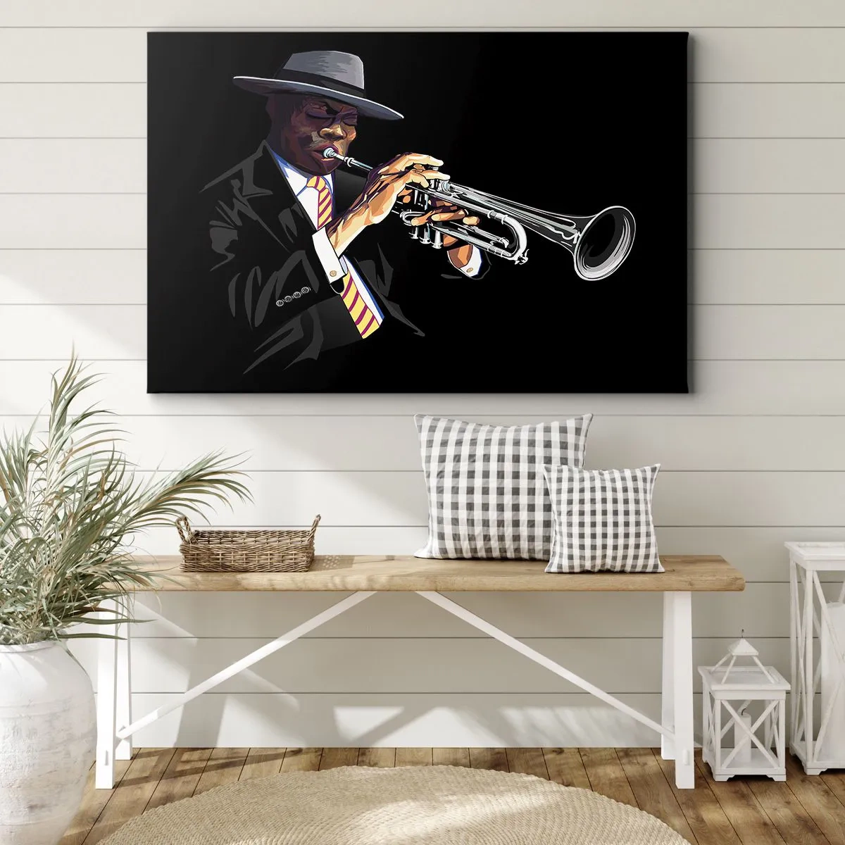 Bild auf Leinwand - Leinwandbild - Ein Musiker spielt Trompete vor schwarzem Hintergrund - 120x80cm - Charme der alten Schule - Moderne Wanddekoration für Wohnzimmer und Schlafzimmer ARTTOR