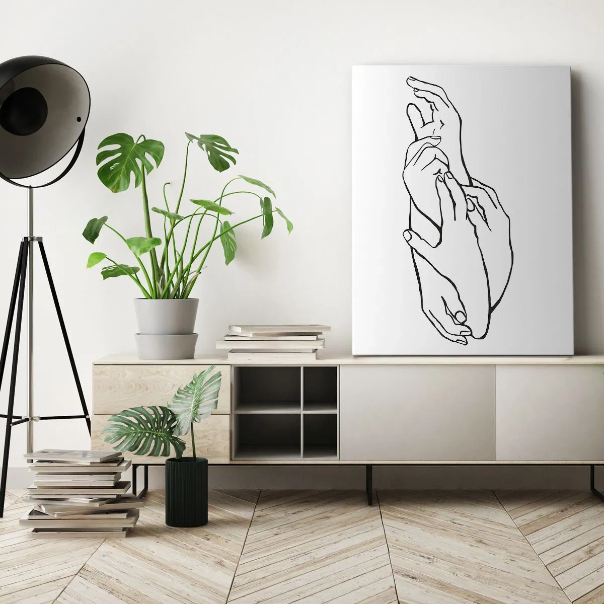 Bild auf Leinwand - Leinwandbild - Eine minimalistische Skizze von Händen, die in einer zarten Geste gefaltet sind. - 50x70cm - Gute Geste - Moderne Wanddekoration für Wohnzimmer und Schlafzimmer ARTTOR