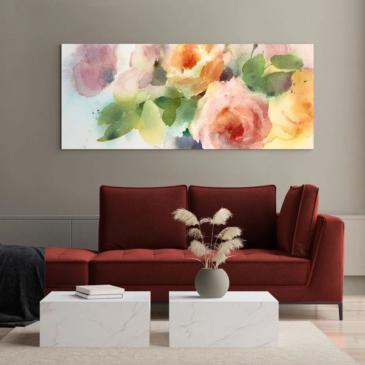 Glasbild - Bild auf glas - Zarte Rosen im Aquarell-Stil auf hellem Hintergrund - 160x50cm - Zart wie Aquarell - Moderne Wanddekoration für Wohnzimmer und Schlafzimmer ARTTOR