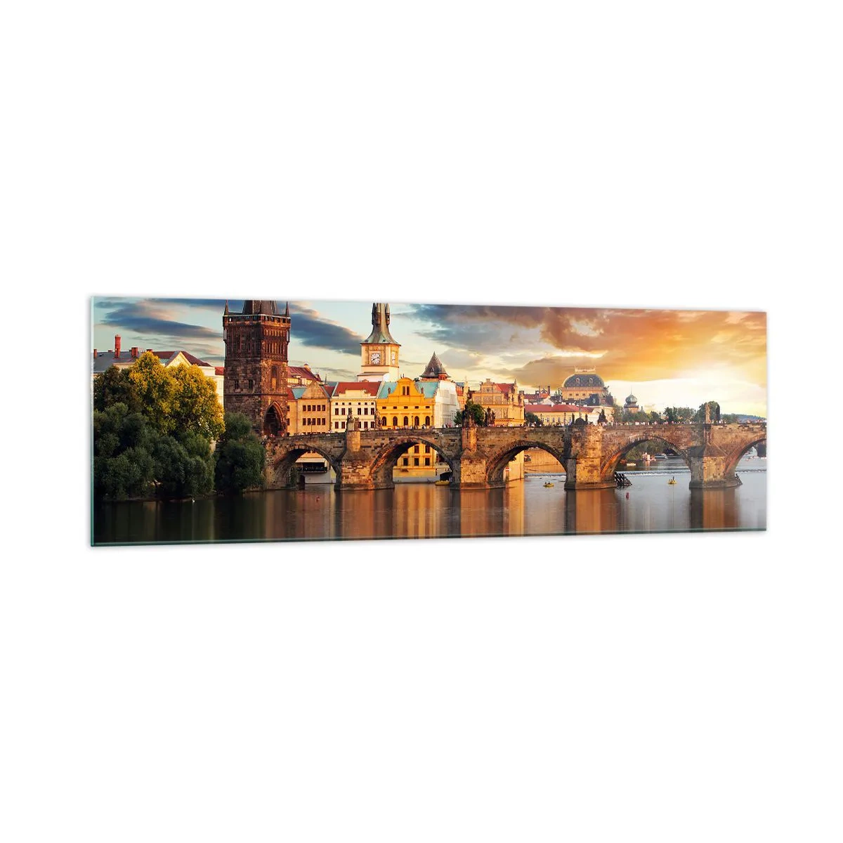 Glasbild - Bild auf glas - Die historische Brücke über den Fluss im Licht der untergehenden Sonne - 160x50cm - Schön seit Ewigkeiten - Moderne Wanddekoration für Wohnzimmer und Schlafzimmer ARTTOR