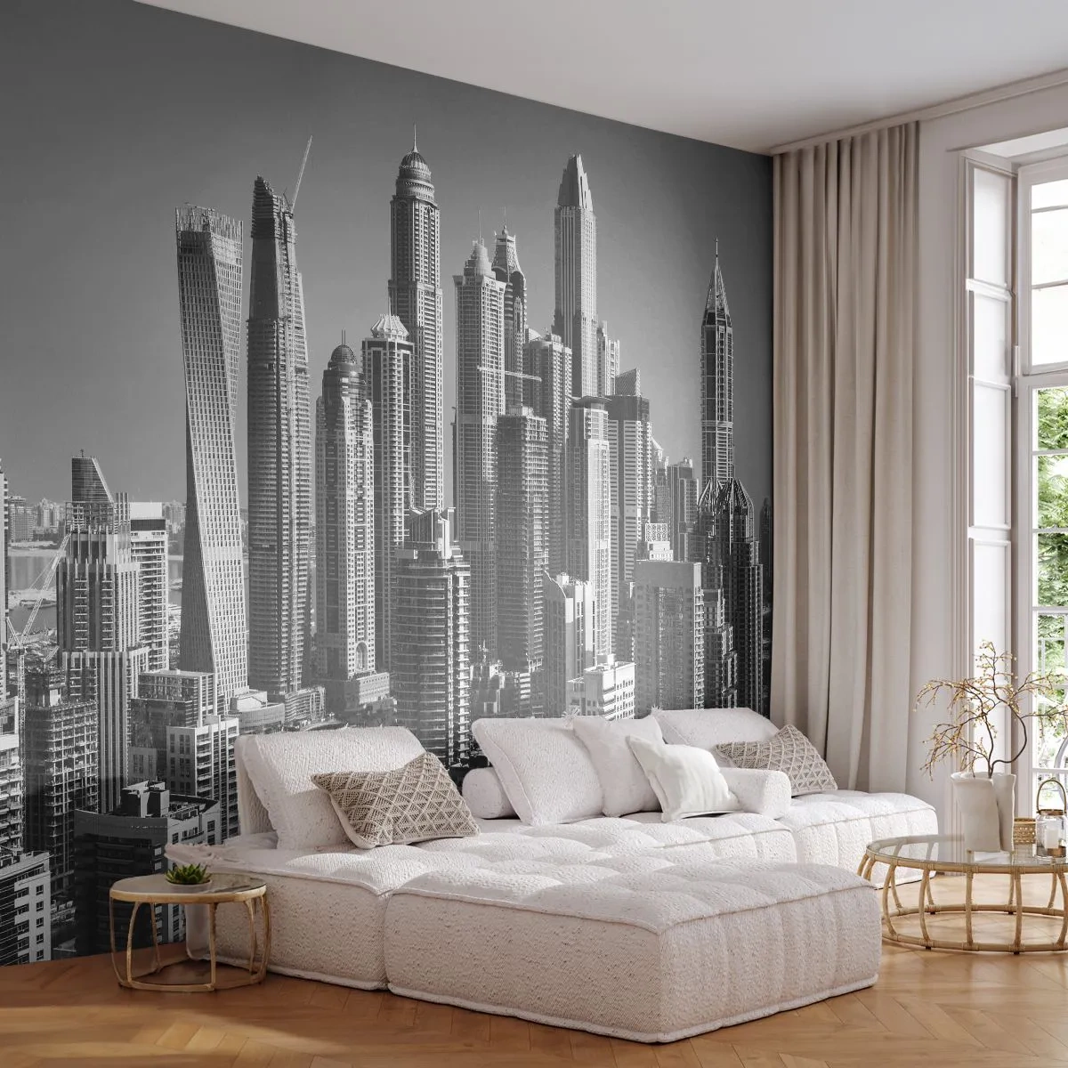 Fototapete Premium Canvas - Panorama moderner Wolkenkratzer in monochromen Tönen - 100x70cm - Stadt in der Wüste - Moderne Wanddekoration für Wohnzimmer und Schlafzimmer ARTTOR