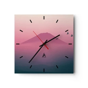 Wanduhr - Glasuhr - Eine minimalistische Landschaft mit einem Berg und Vögeln bei Sonnenaufgang - 30x30cm - Wanderer über den Wolken - Moderne Wanddekoration für Wohnzimmer und Schlafzimmer ARTTOR