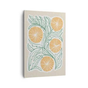 Bild auf Leinwand - Leinwandbild - Ein minimalistisches orangefarbenes Motiv mit grünen Blättern - 70x100cm - Ethnisch mit einem Hauch von Abstraktion - Moderne Wanddekoration für Wohnzimmer und Schlafzimmer ARTTOR