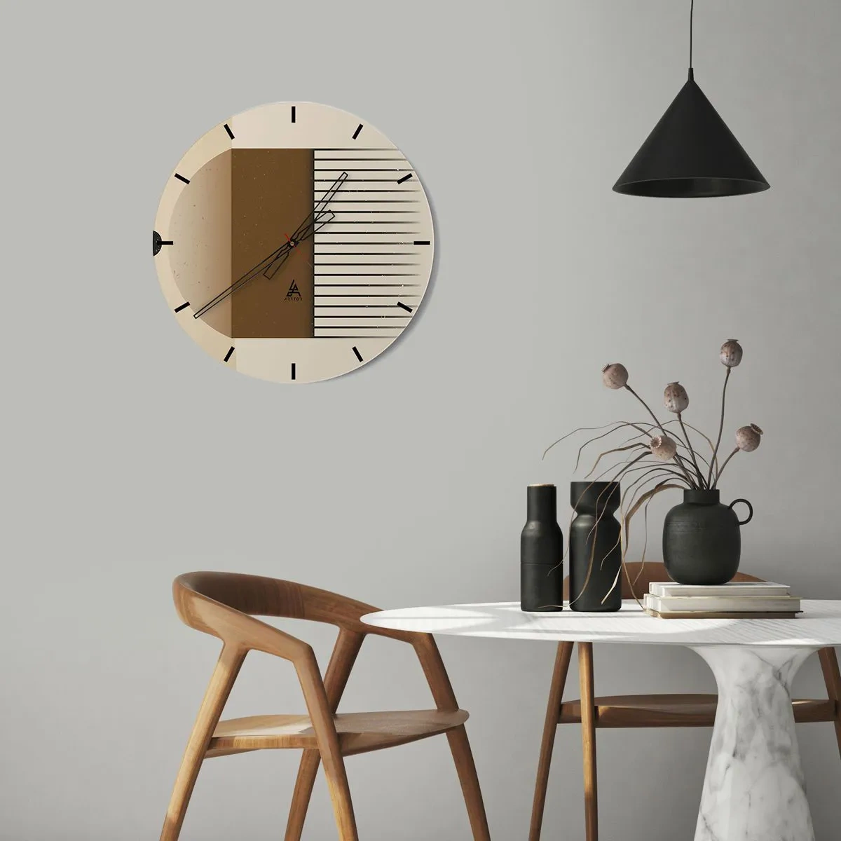 Wanduhr - Glasuhr - Geometrische Komposition mit braunen Rechtecken und Linien auf beigem Hintergrund. - 30x30cm - Verschiedene Staaten - Moderne Wanddekoration für Wohnzimmer, Küche und Schlafzimmer ARTTOR