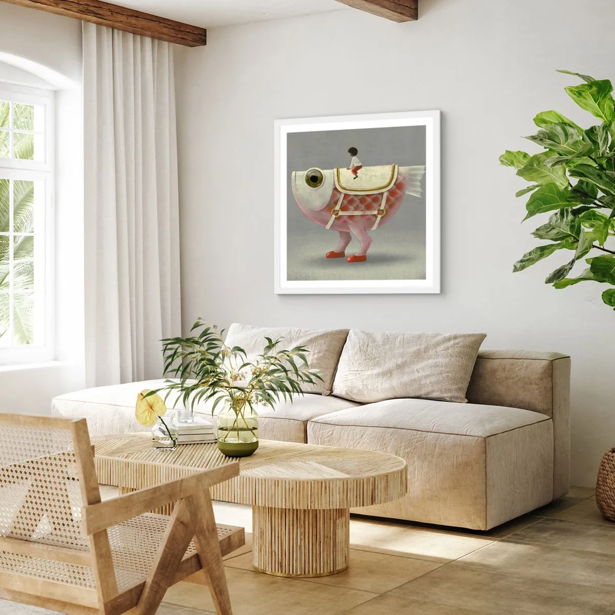 Poster in einem weißen Rahmen - Reiter auf einem surrealen Fisch - 50x50 cm