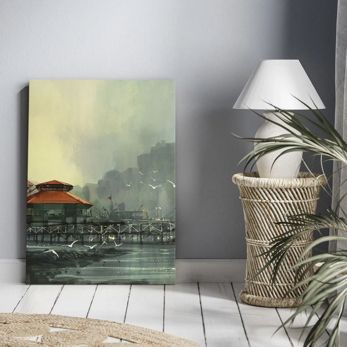 Bild auf Leinwand - Leinwandbild - Hafengebäude in einer regnerischen Landschaft mit Möwen - 50x70cm - Ein sonniger Tag im Hafen - Moderne Wanddekoration für Wohnzimmer und Schlafzimmer ARTTOR