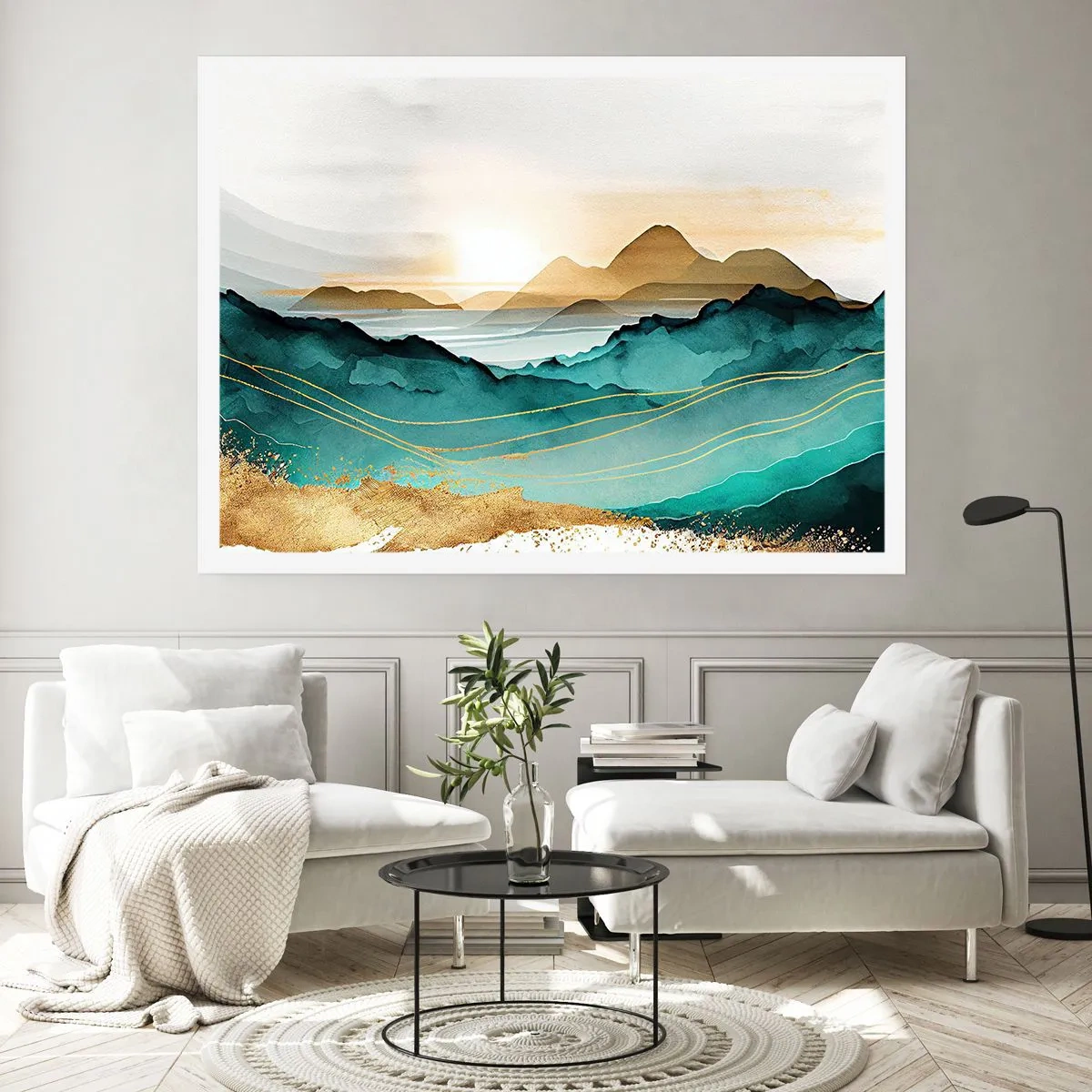 Poster - Abstrakte Landschaft mit Bergen und goldenen Akzenten - 100x70cm - Am Rande der Abstraktion – Landschaft - Moderne Wanddekoration für Wohnzimmer und Schlafzimmer ARTTOR