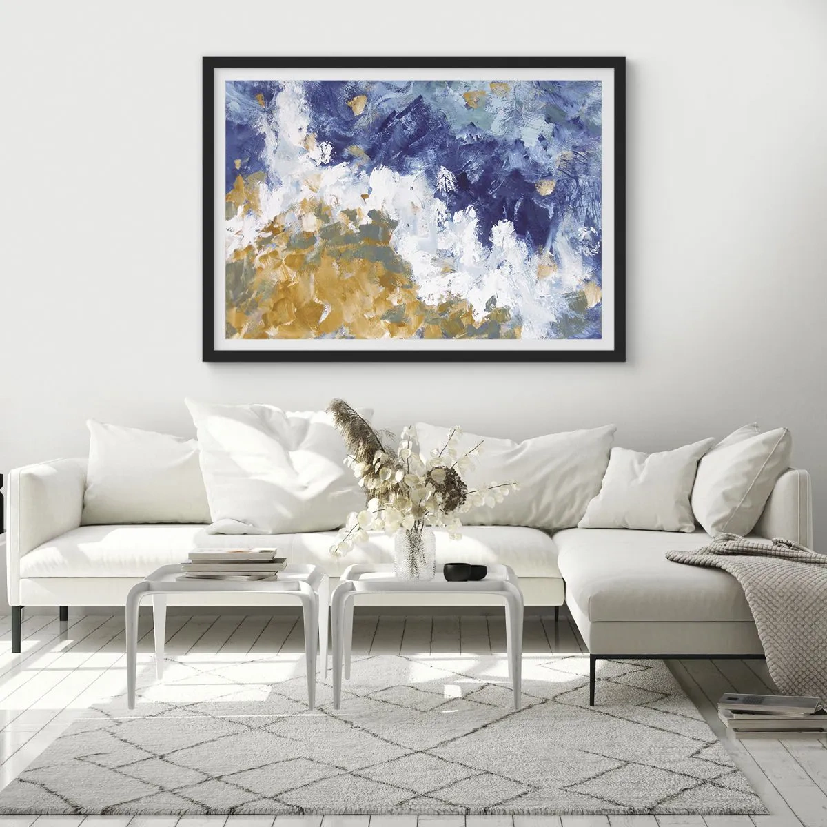 Poster in einem schwarzem Rahmen - Abstraktion in Blau-, Weiß- und Goldtönen - 70x50cm - Tanz der Naturelemente - Moderne Wanddekoration für Wohnzimmer und Schlafzimmer ARTTOR