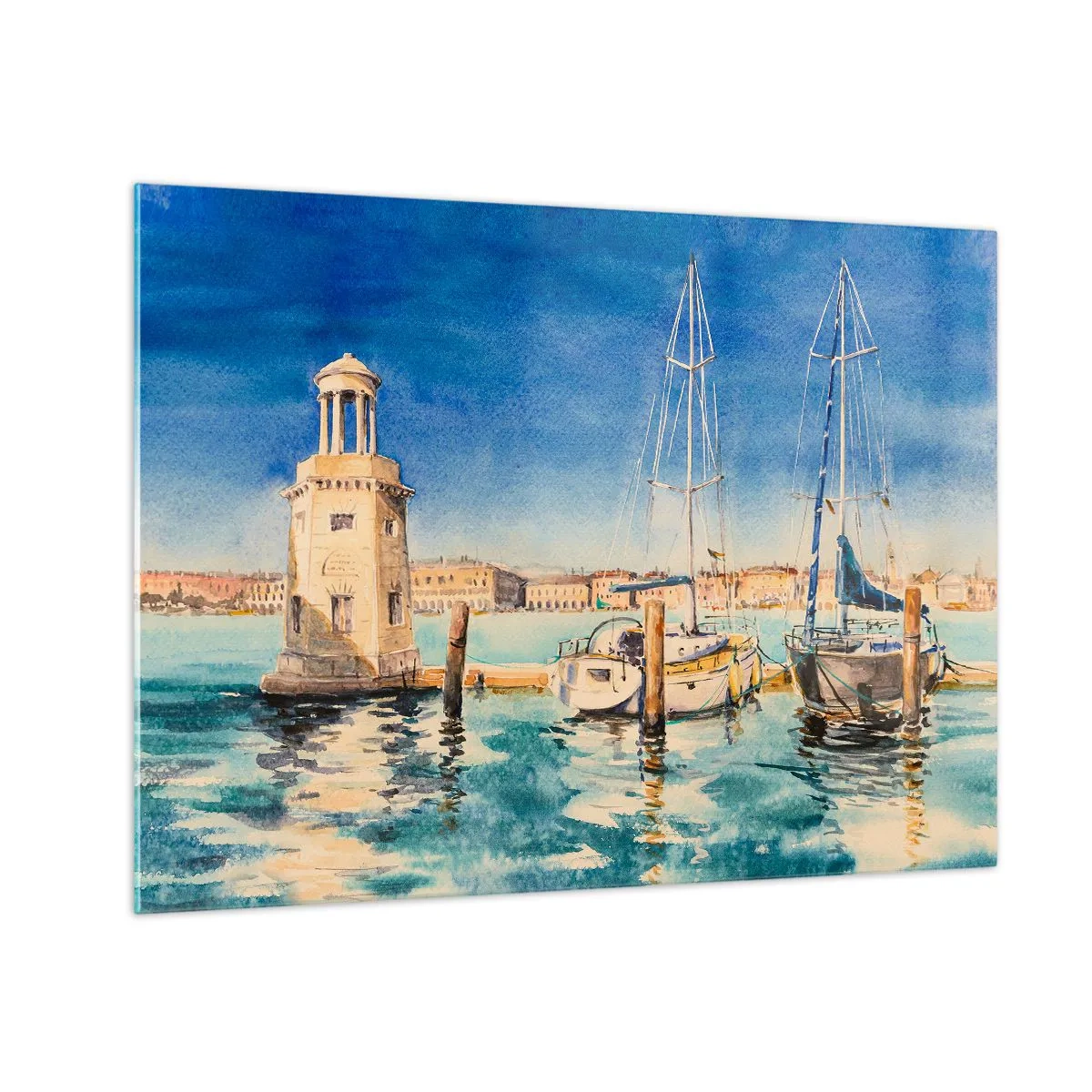 Glasbild - Bild auf glas - Aquarell-Jachthafen mit Leuchtturm und festgemachten Yachten - 70x50cm - Sonnige Lagune - Moderne Wanddekoration für Wohnzimmer und Schlafzimmer ARTTOR
