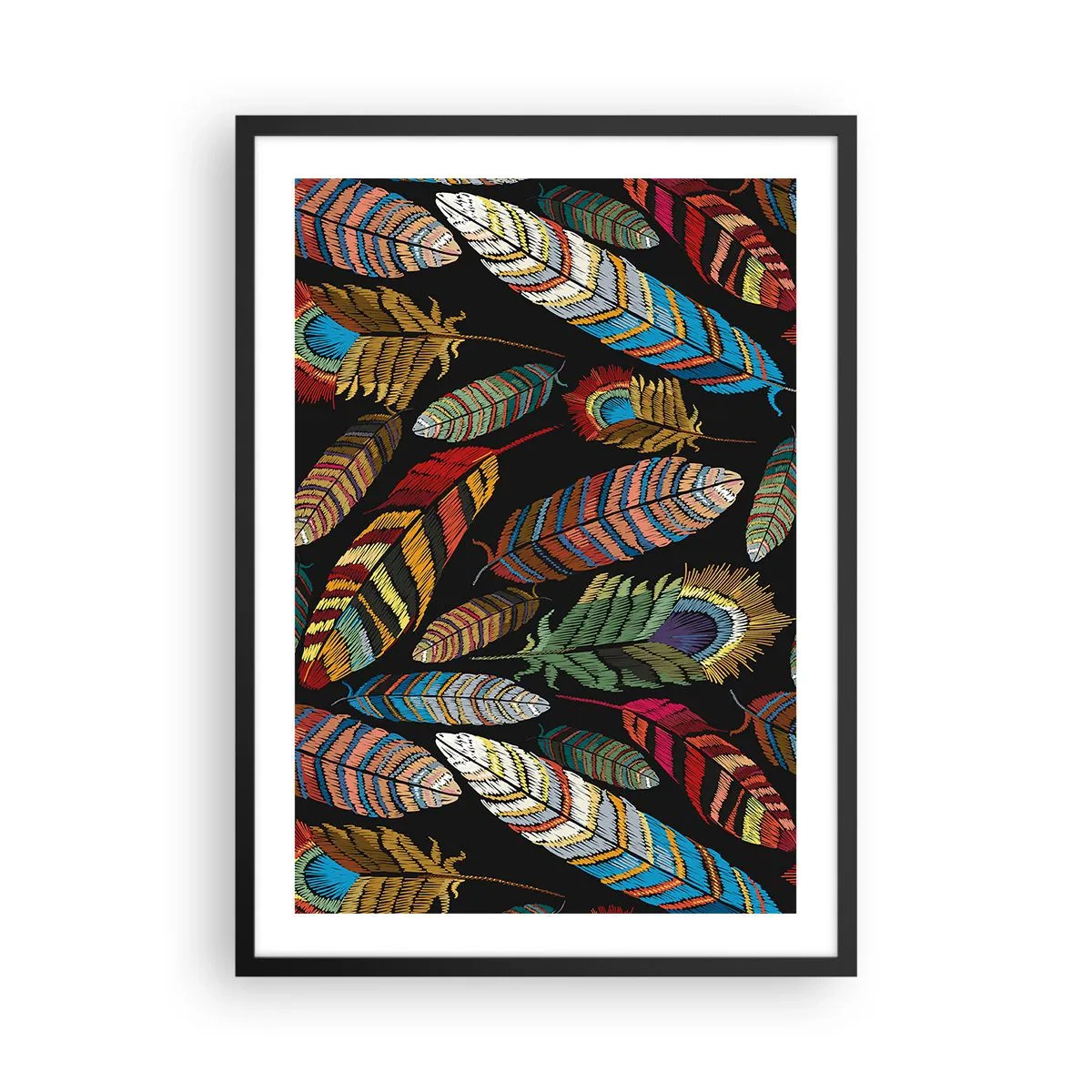Poster in einem schwarzem Rahmen - Bunte Federn auf schwarzem Hintergrund - 50x70cm - Der Vogelkarneval - Moderne Wanddekoration für Wohnzimmer und Schlafzimmer ARTTOR